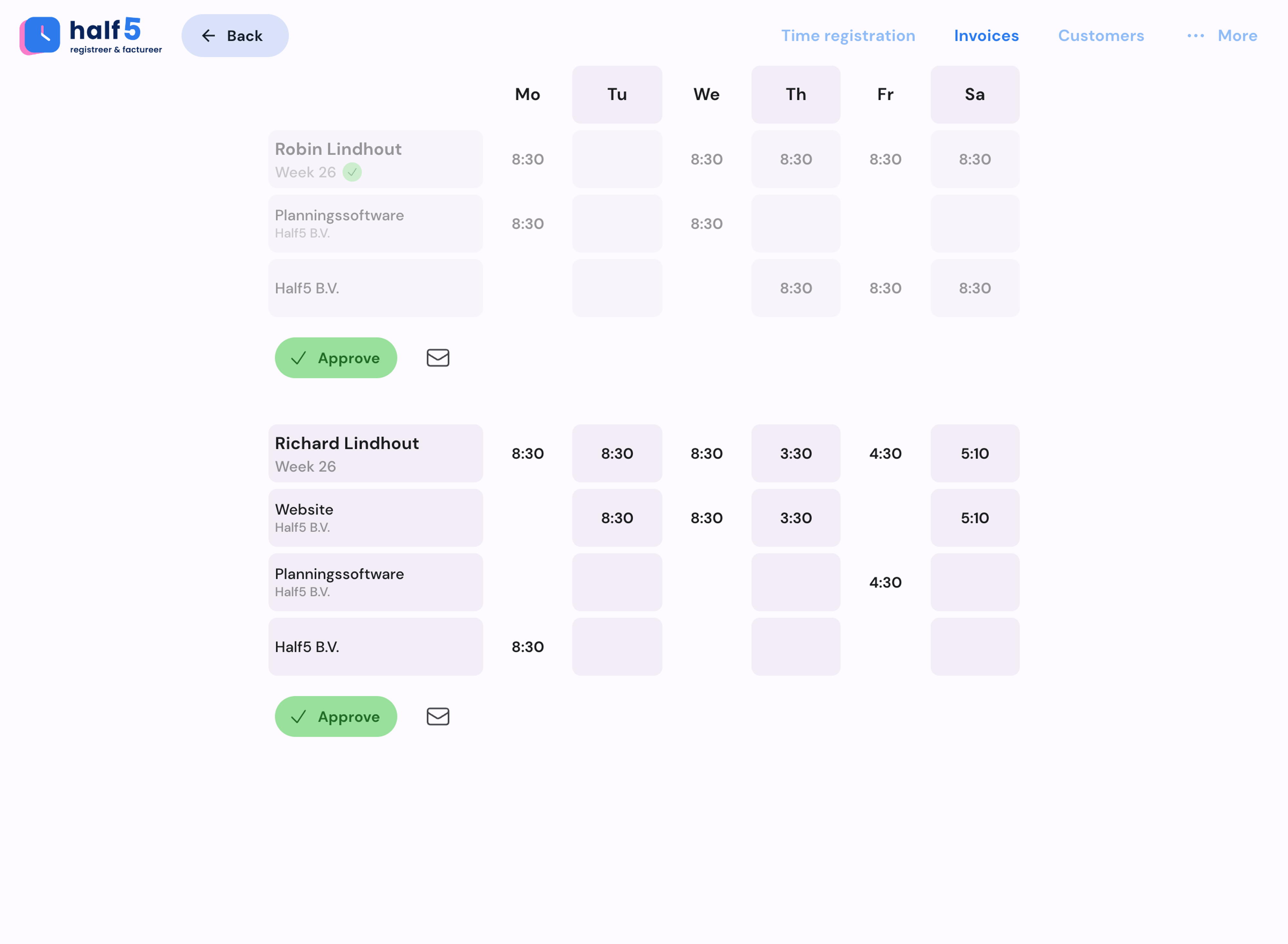 Overview of approved hours on desktop