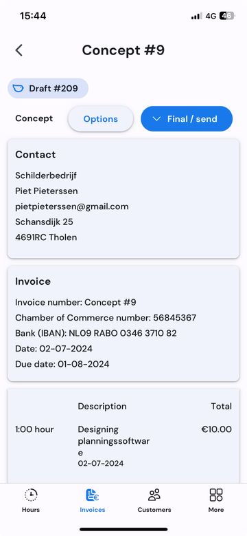 Details of invoice with accounting connections on mobile