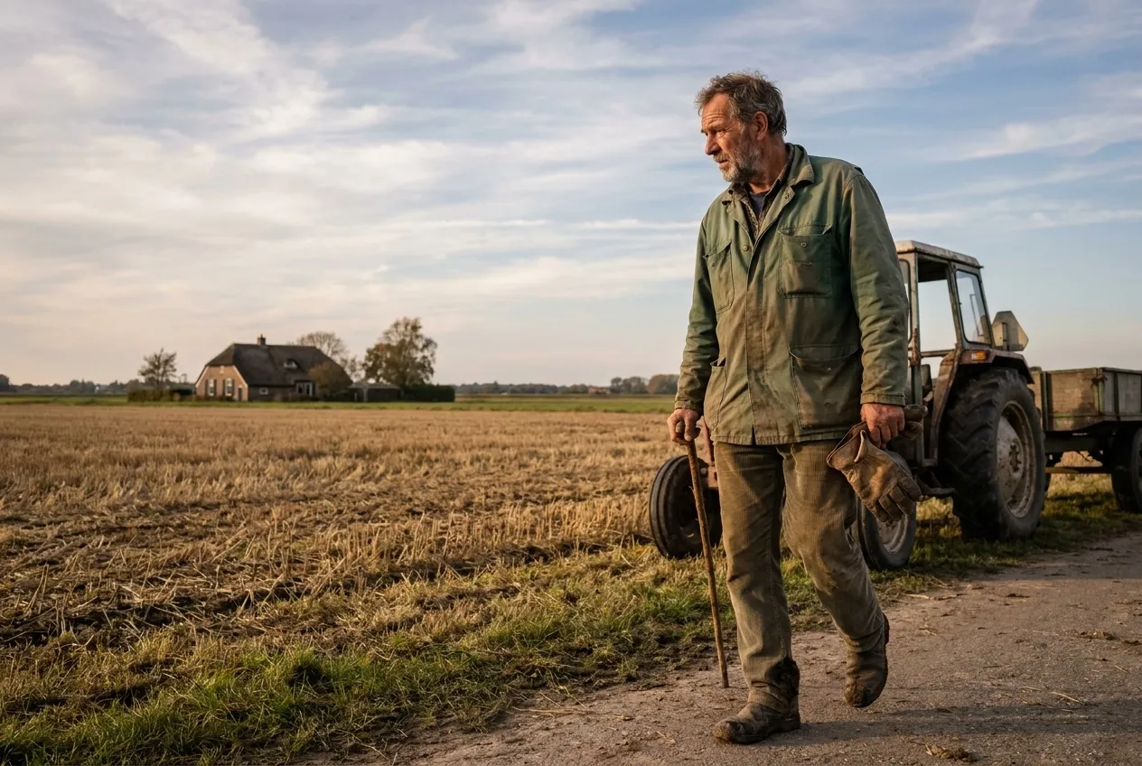 Ein Landwirt geht neben dem Traktor an seinem Feld entlang
