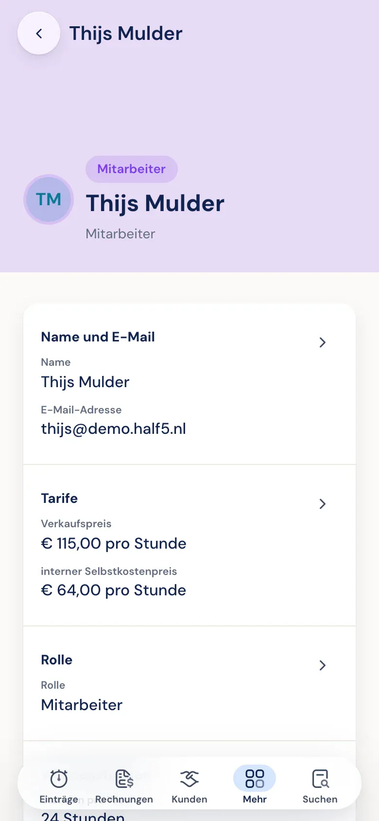 Rolle, Arbeitstage und Satz einer Person