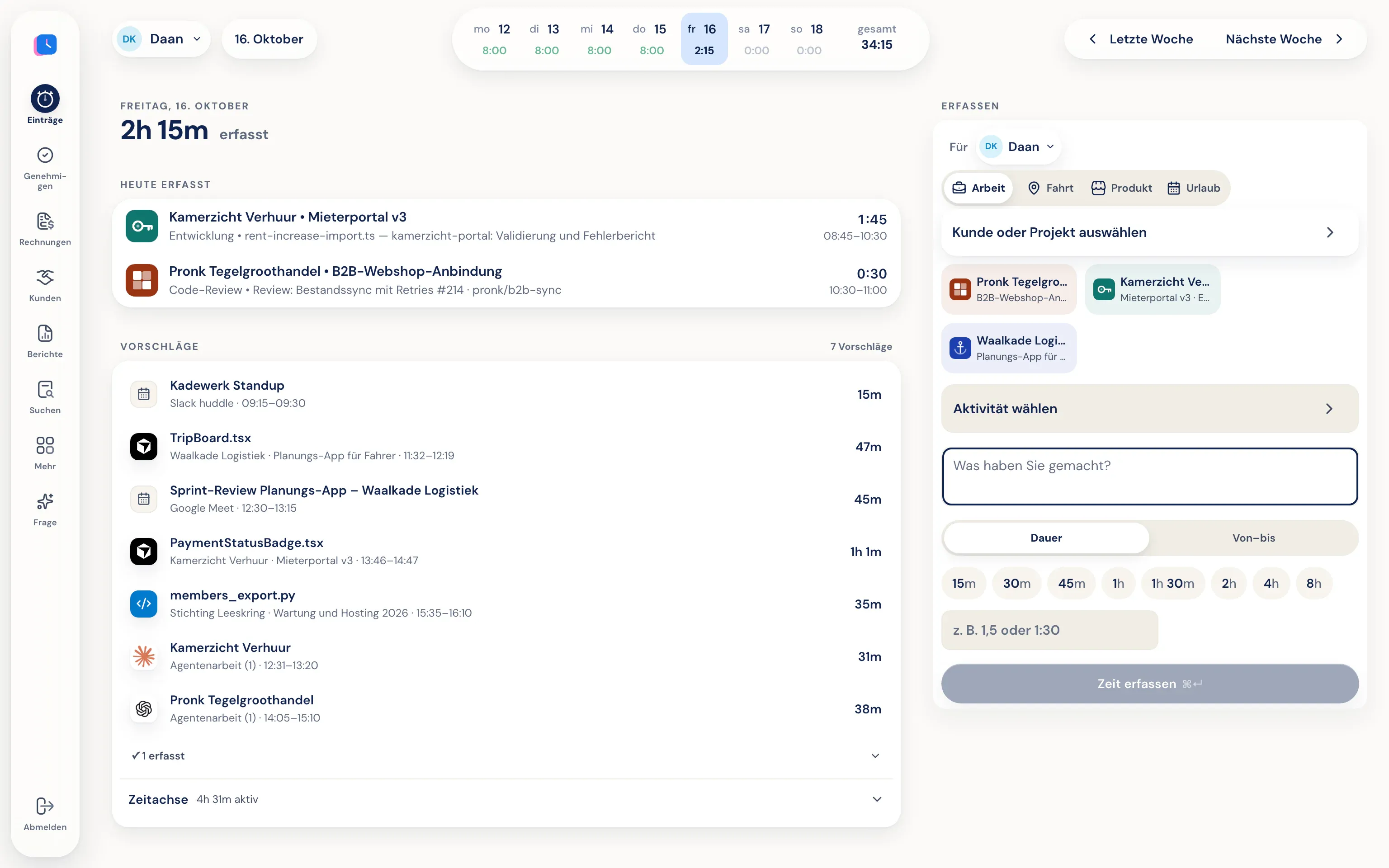 Vorschläge aus Cursor, GitHub, Linear und zwei KI-Agentensitzungen unter den heute erfassten Stunden