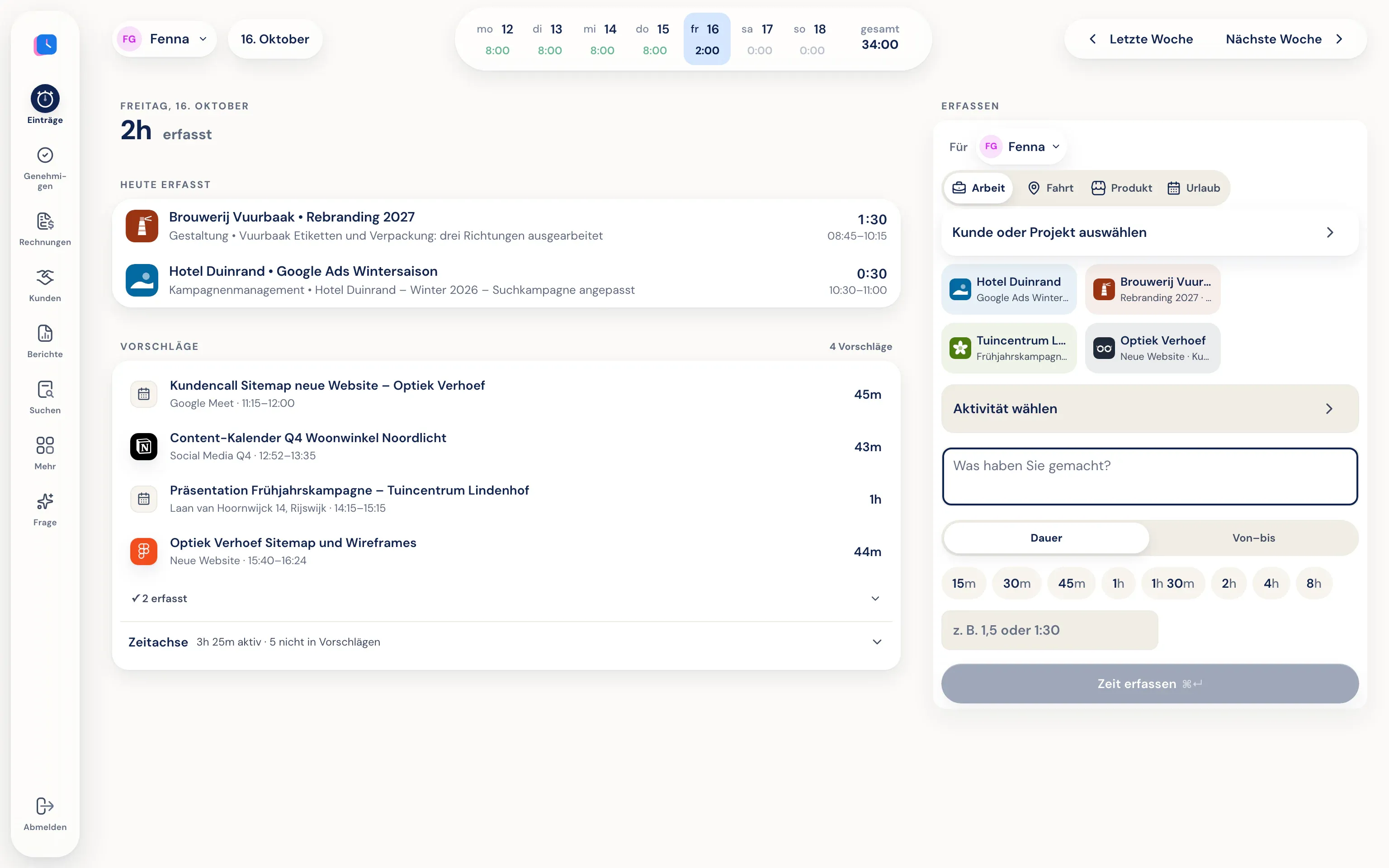 Vorschläge aus Figma, Google Ads, Notion und dem Kalender unter den heute erfassten Stunden