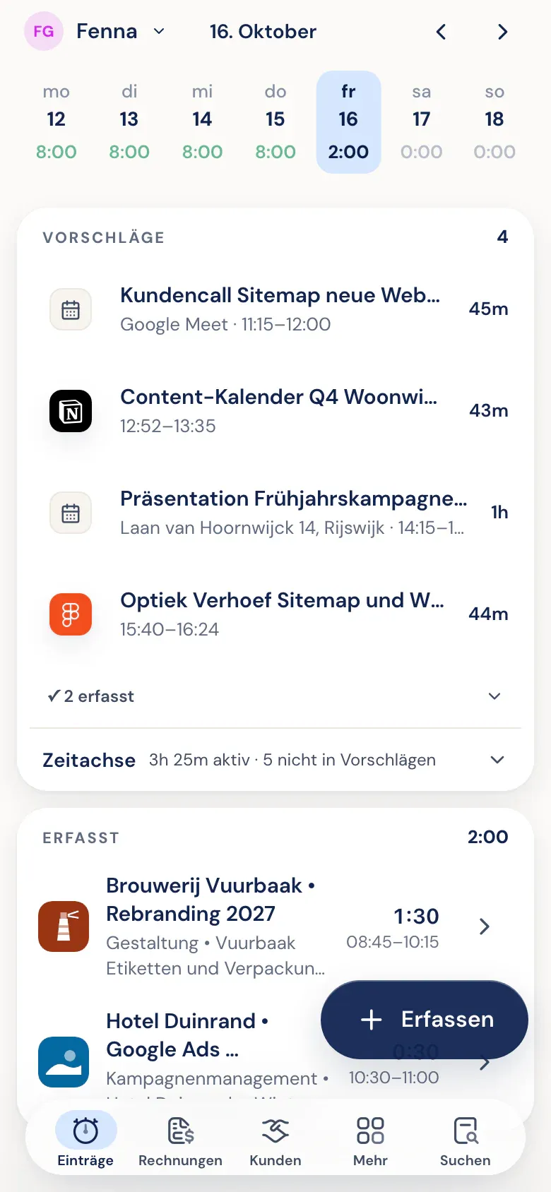 Auf dem Handy: Vorschläge aus Figma, Google Ads, Notion und dem Kalender unter den heute erfassten Stunden