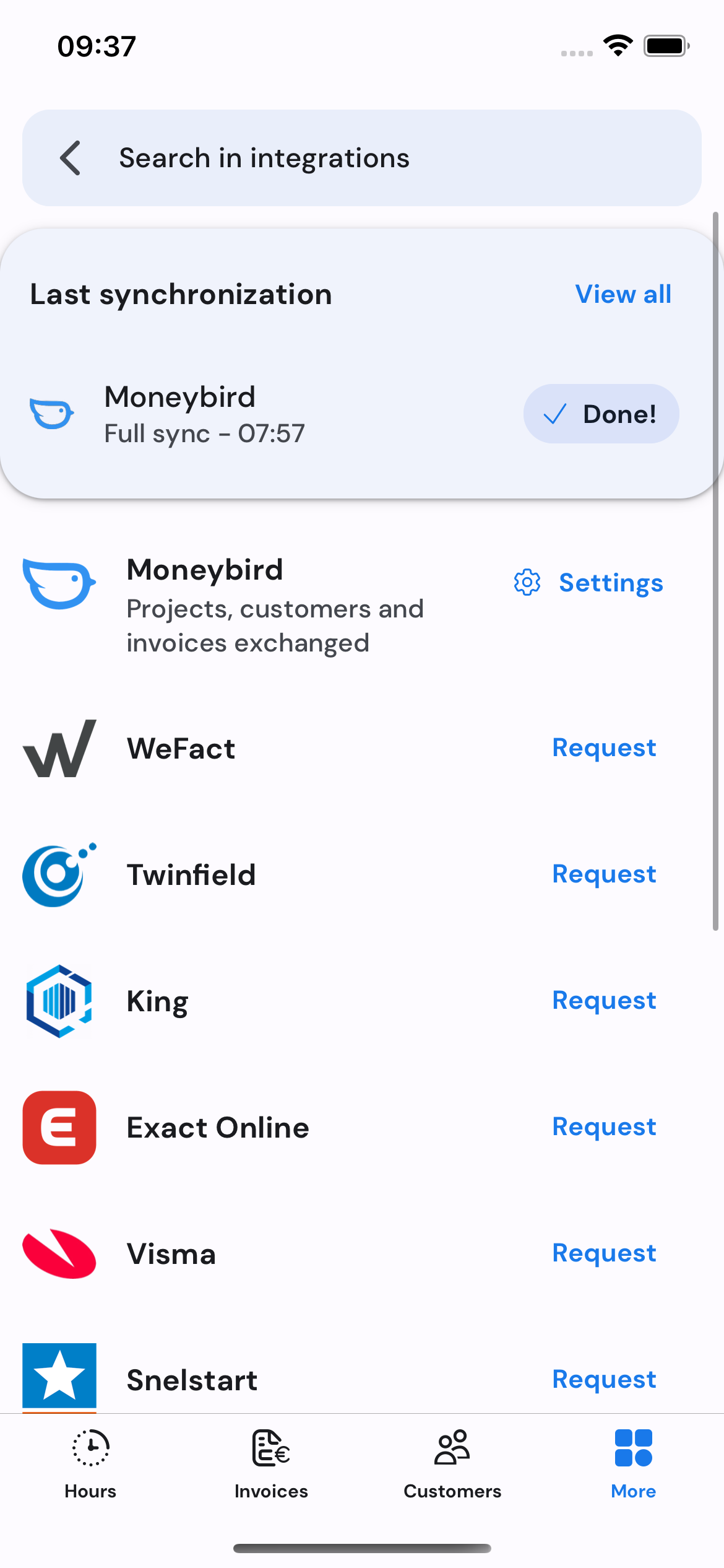 Overview of accounting contacts on mobile