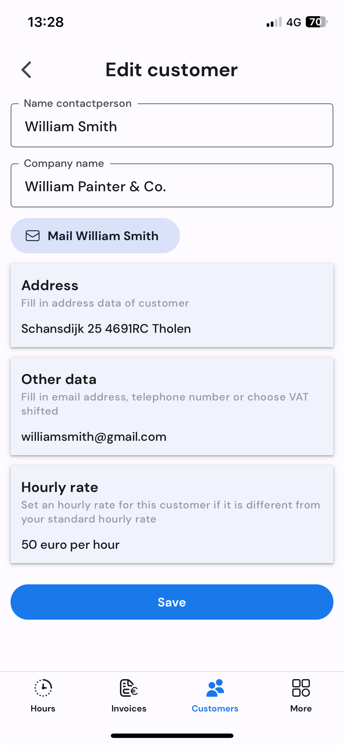 Half5 contact detail on mobile with invoice context