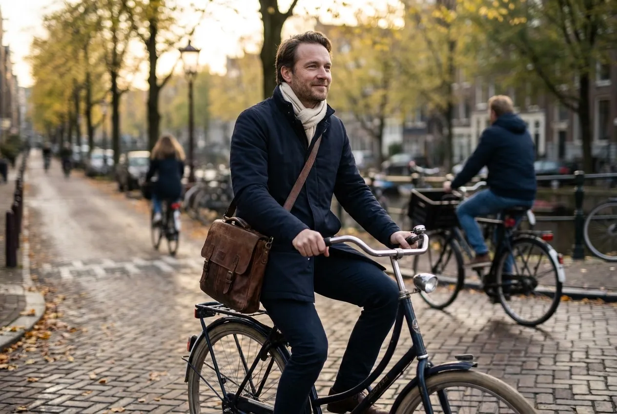 Someone cycles home along the canal after work