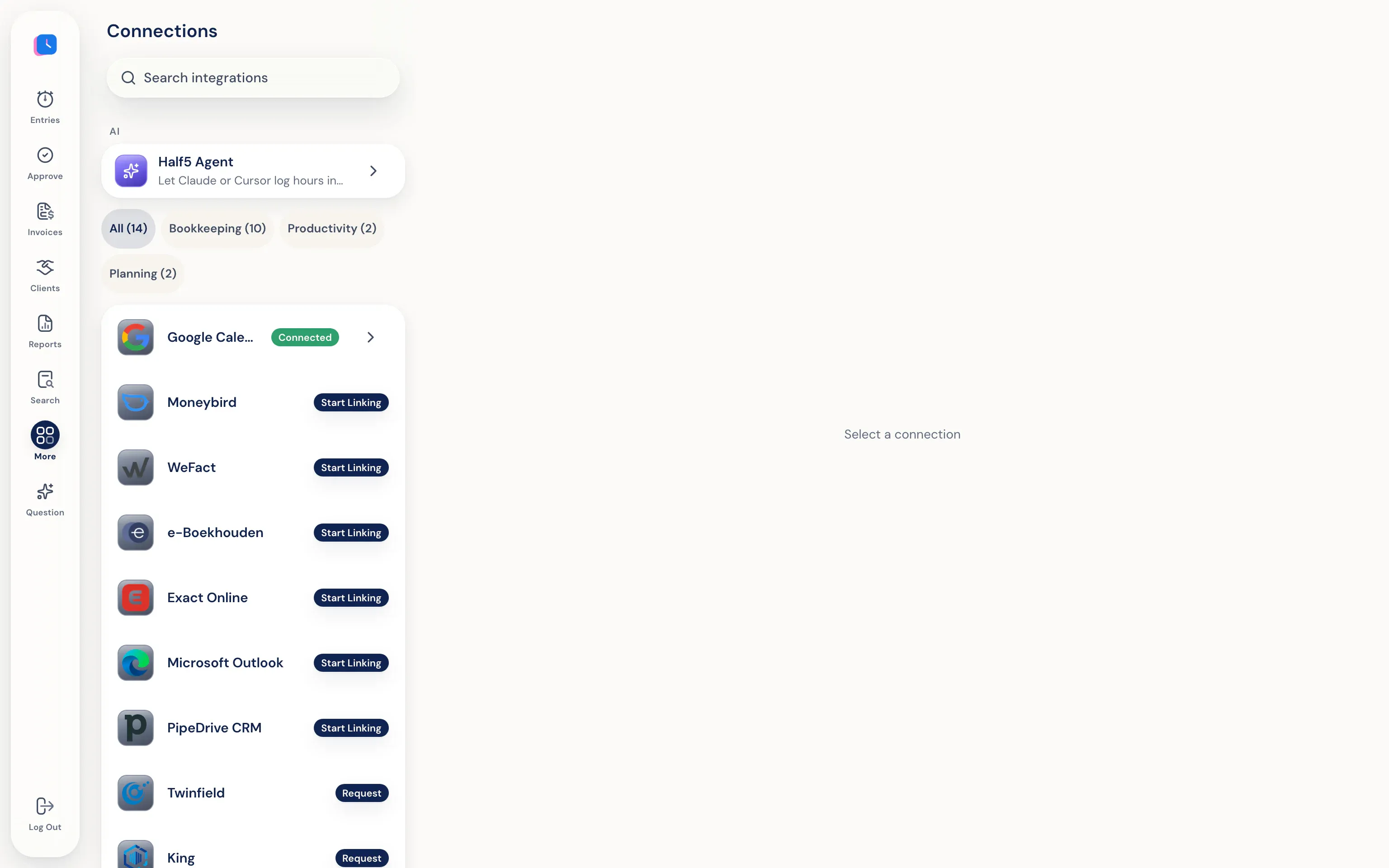 Connections in Half5: Google Calendar, Moneybird, WeFact, e-Boekhouden, Exact Online and Outlook