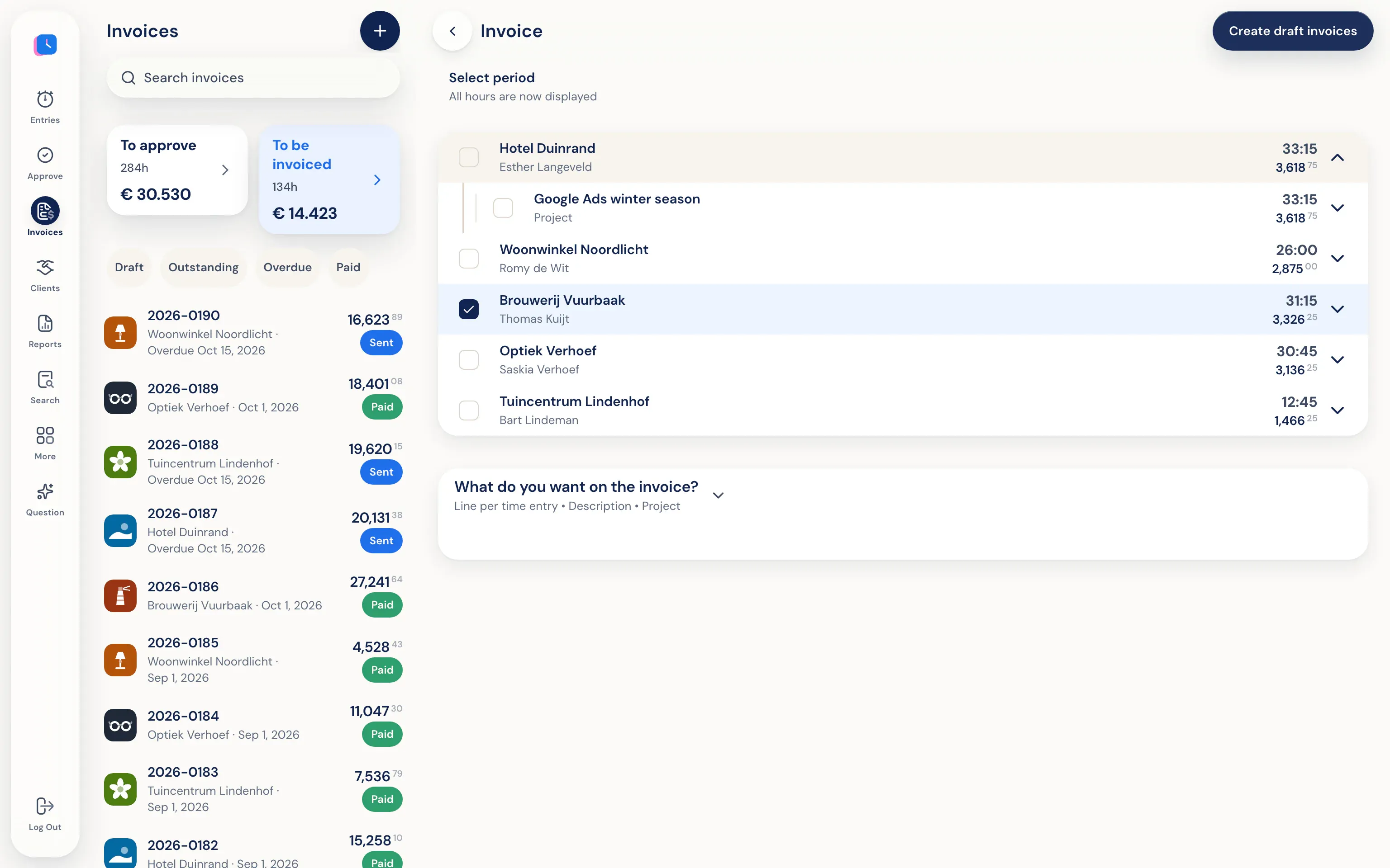 Invoicing: hours and amounts to invoice per client, ready to create draft invoices