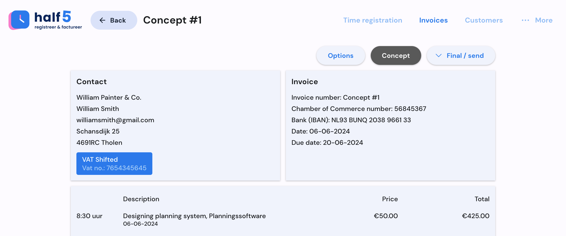 Half5 invoice draft from registered hours