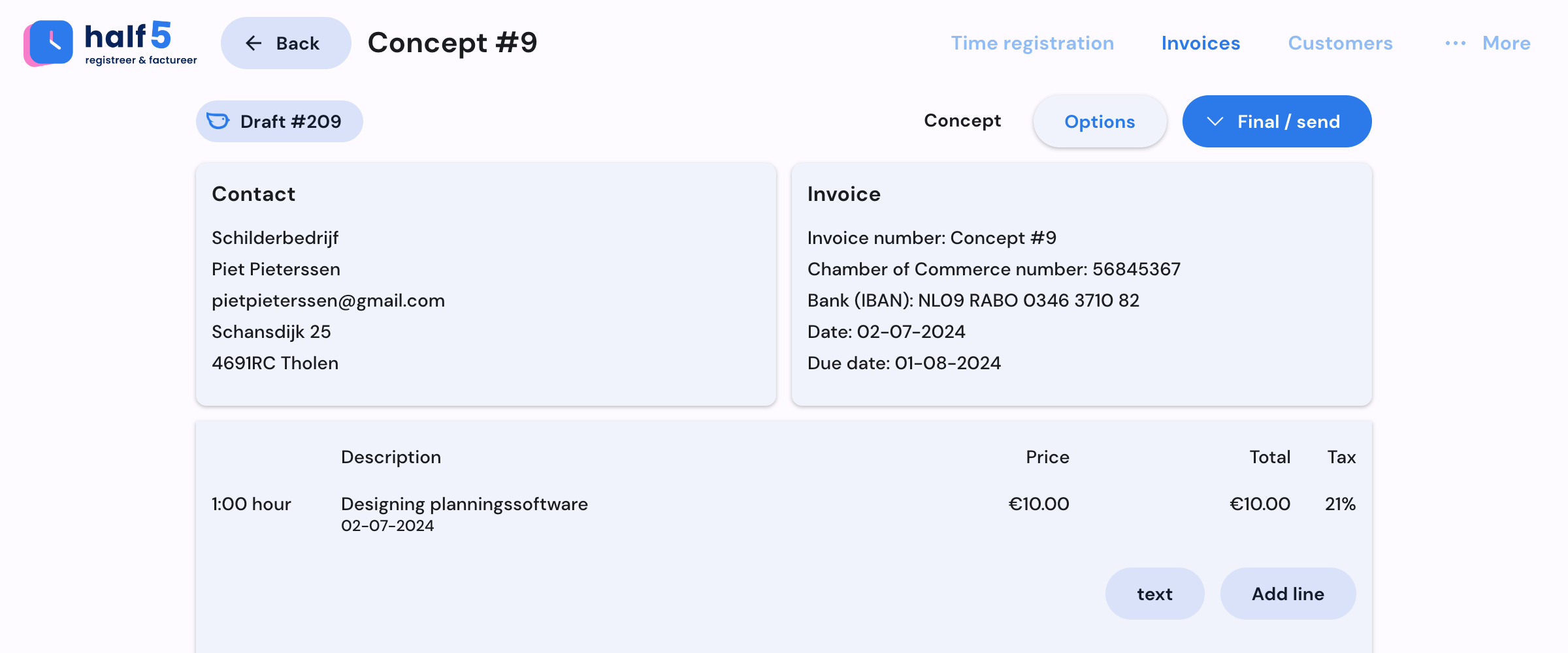 Moneybird invoice flow in Half5