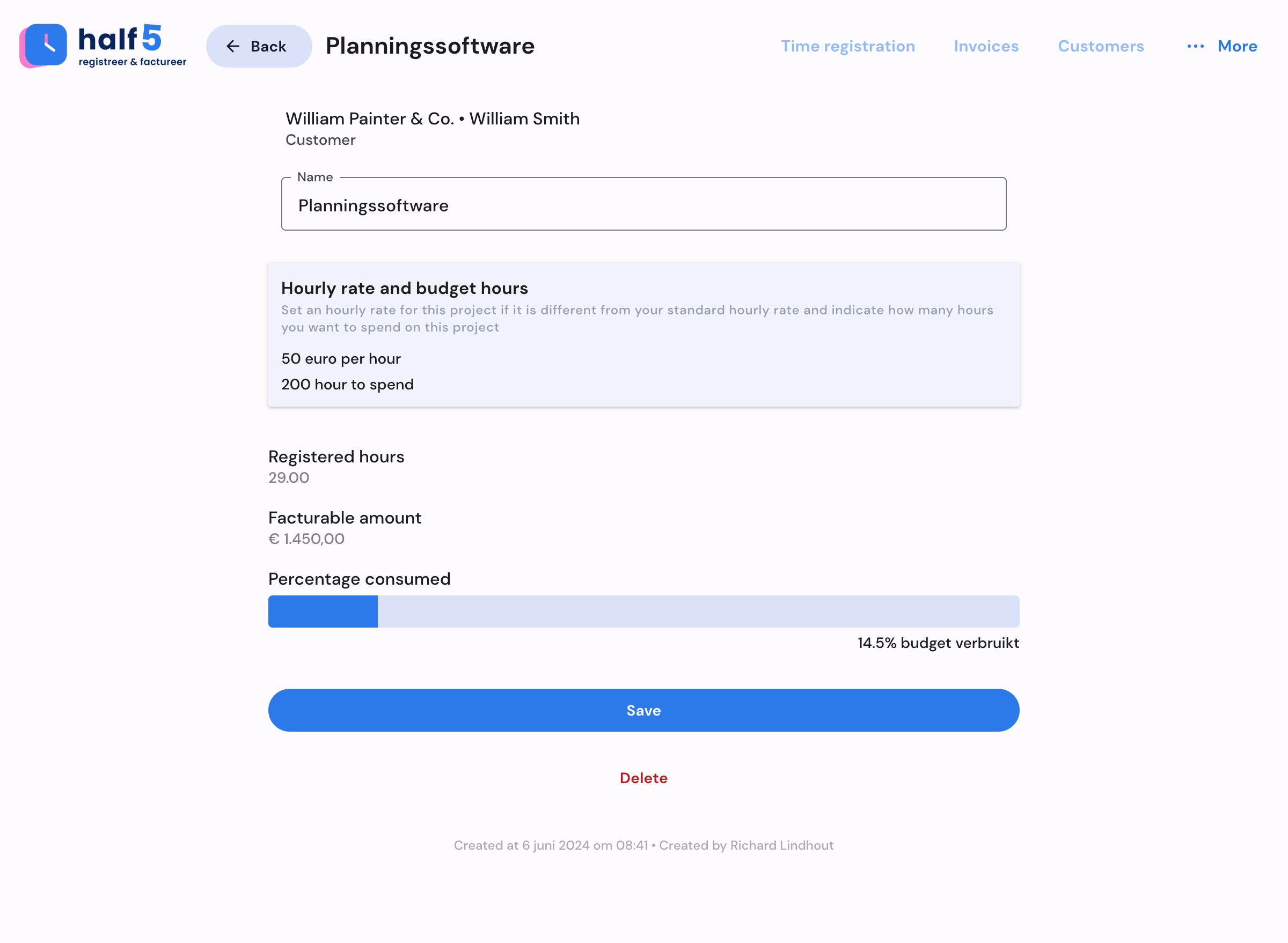 Half5 project detail with budget and hours