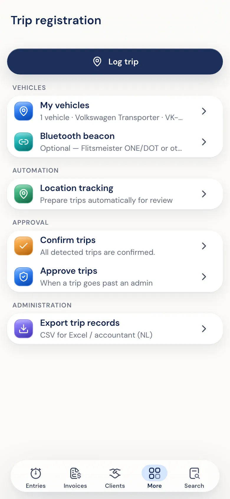 Vehicles, automatically detected rides and approval in the Half5 app