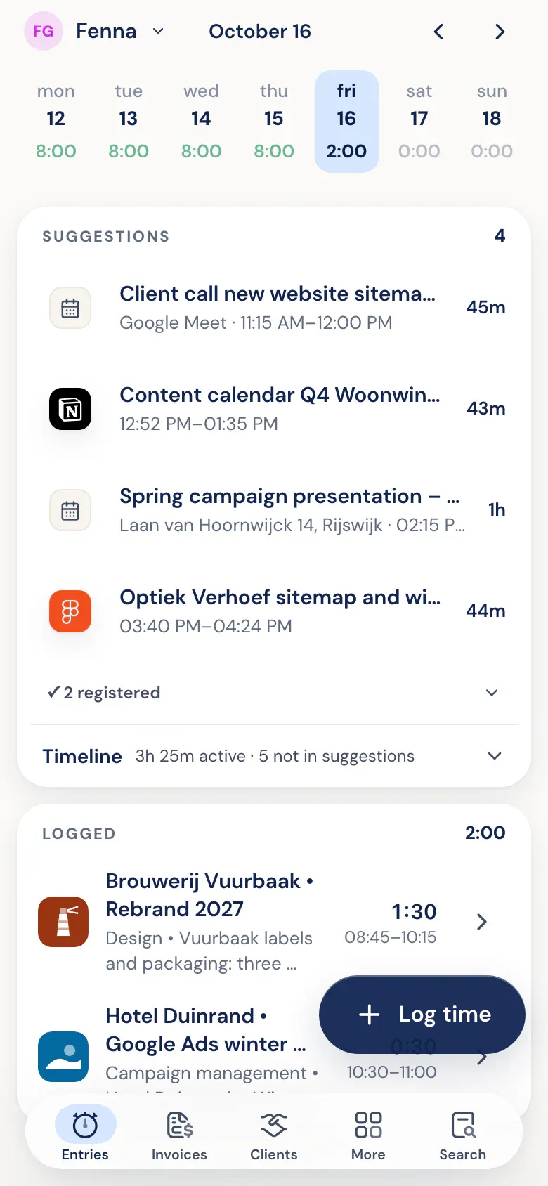 On the phone: Suggestions from Figma, Google Ads, Notion and the calendar below today's logged hours