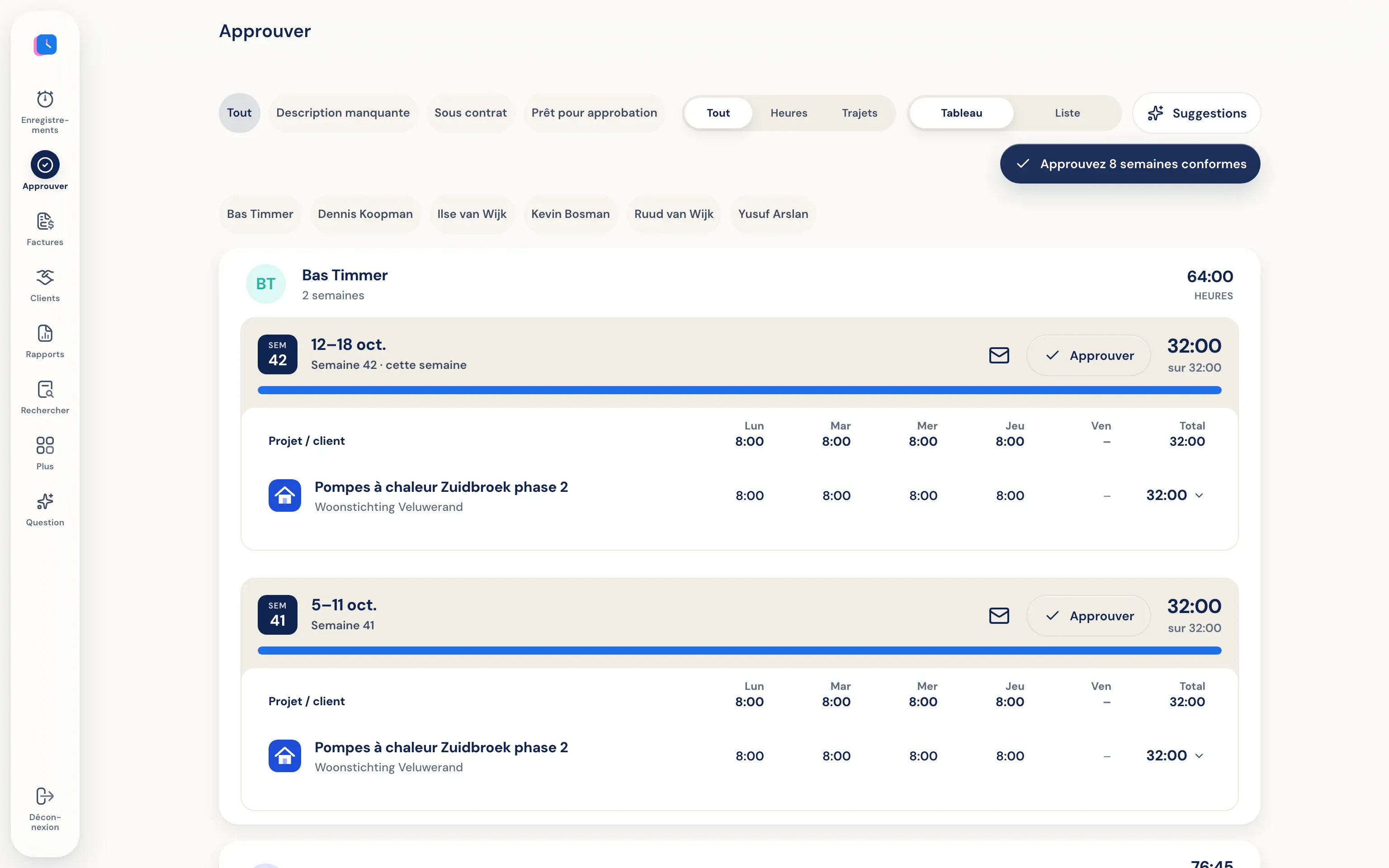 Vue de validation avec absences, une demande de congé en attente et la semaine d'une collaboratrice