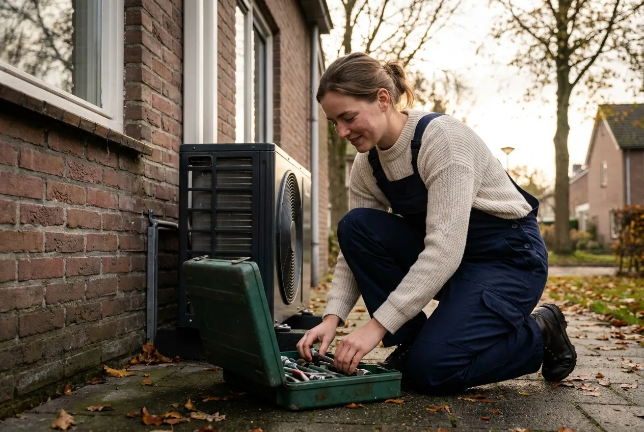 Une installatrice range ses outils à côté d'une nouvelle pompe à chaleur