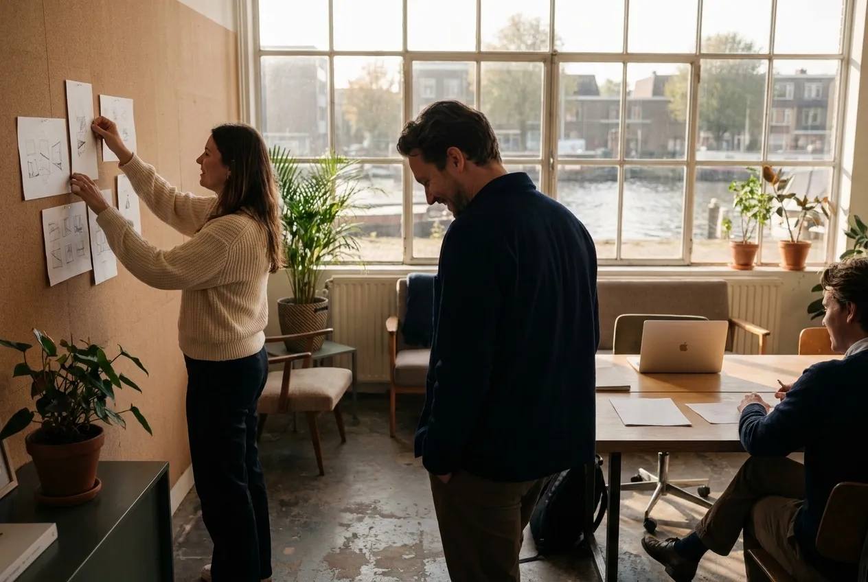 Une équipe d'agence affiche des croquis de campagne