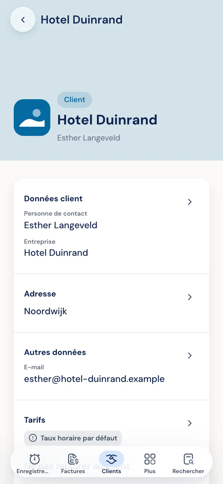 Fiche d'un client dans l'app Half5