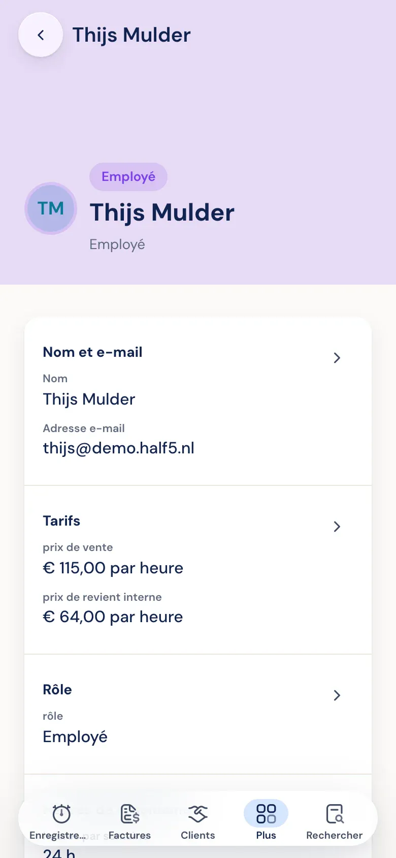 Rôle, jours travaillés et tarif d'un collaborateur