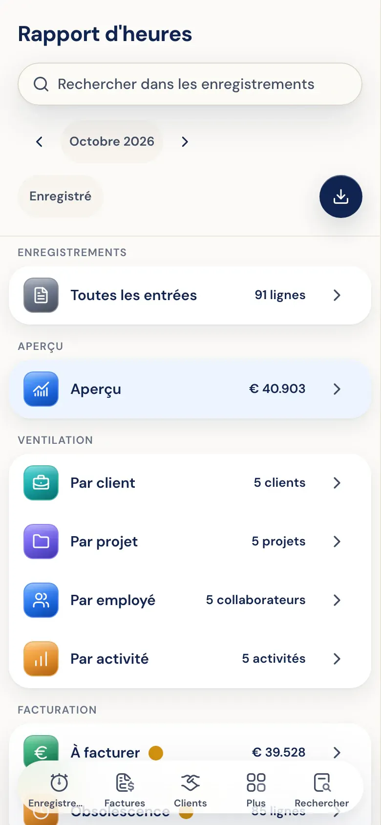 Rapport d'heures avec filtres