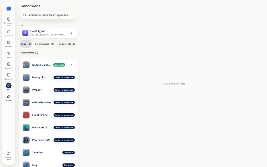 Connexions comptabilité et agenda dans Half5