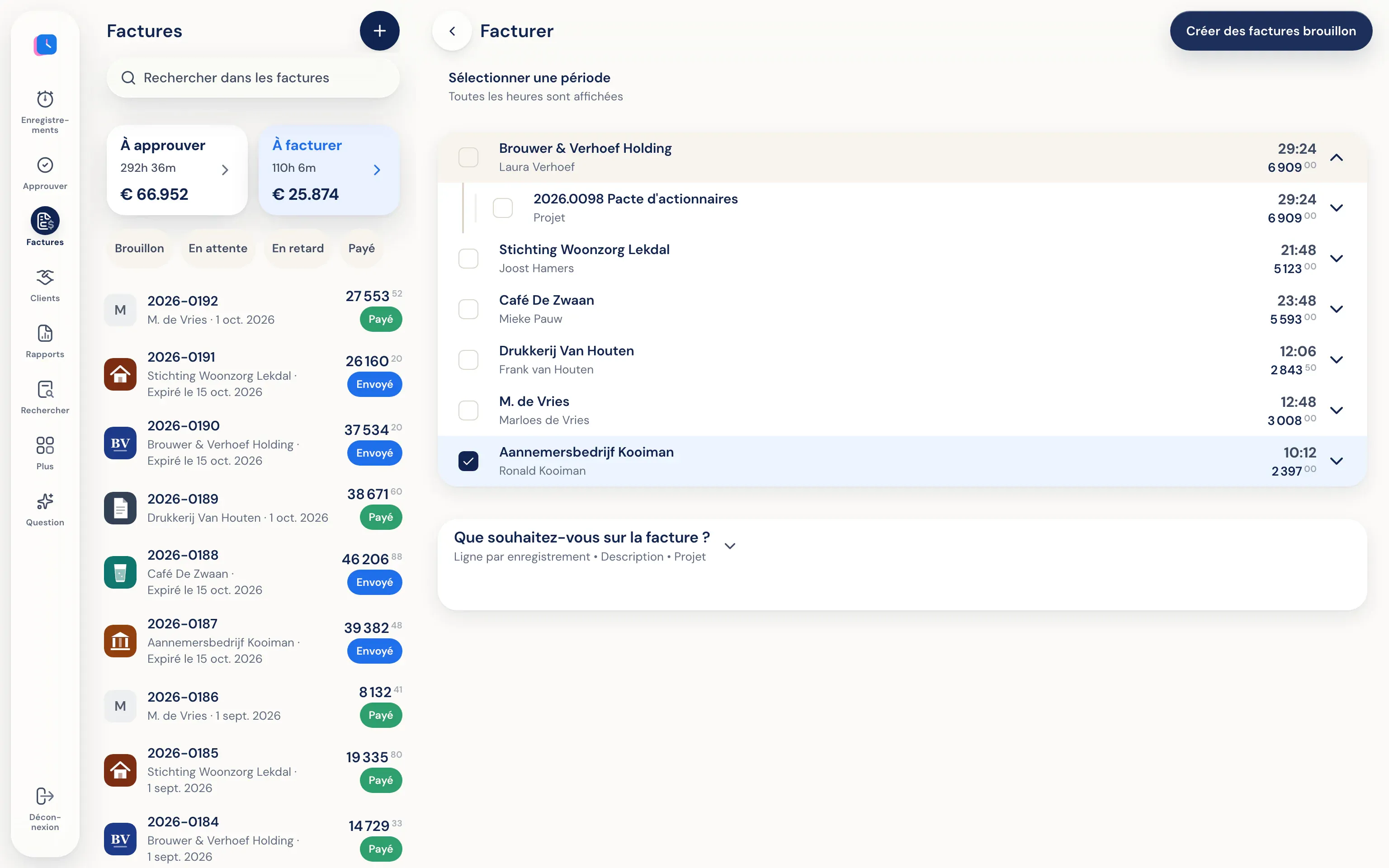 Facturation : heures et montants à facturer par client, prêts pour créer des brouillons