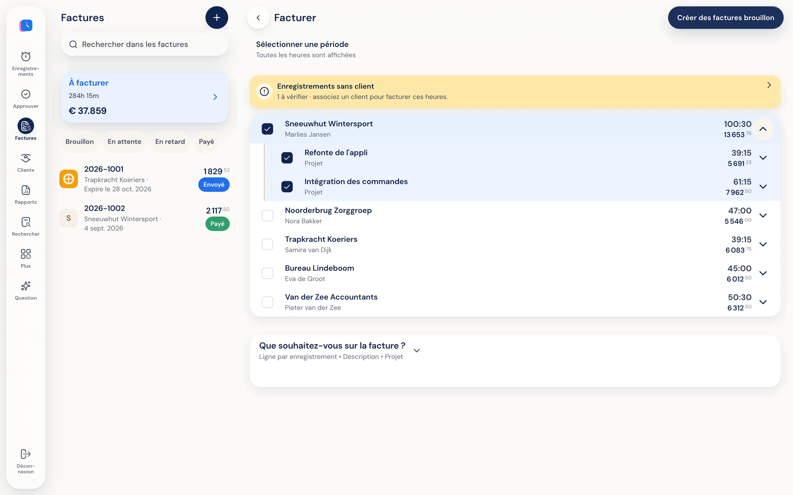 Facturation : heures et montants à facturer par client, prêts pour créer des brouillons