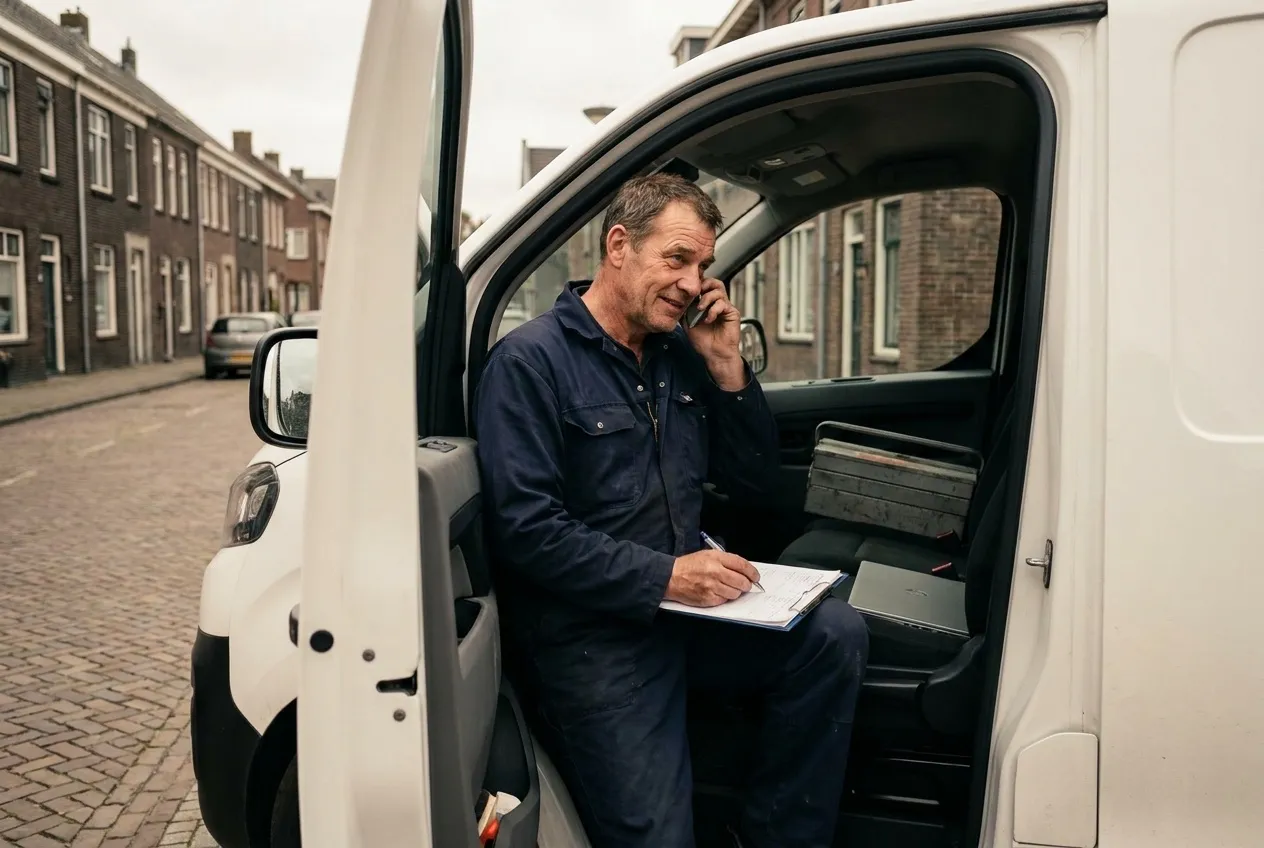 Un installateur au téléphone avec un client depuis sa camionnette