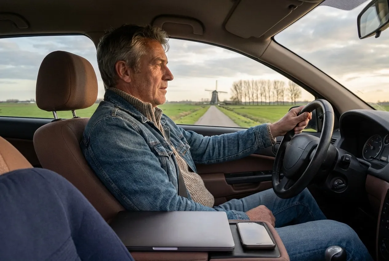 Un consultant roule sur une digue à travers le polder vers un client