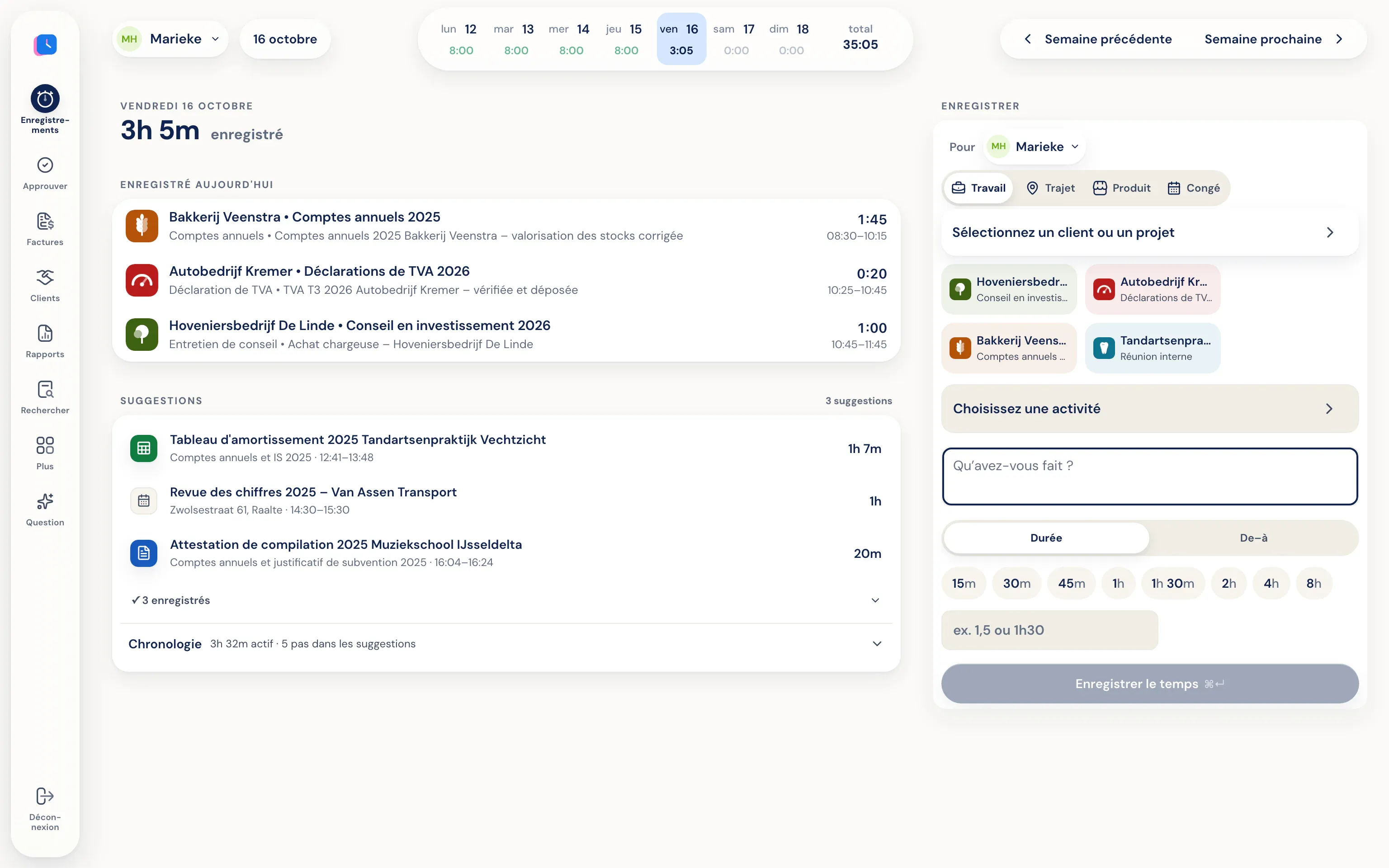 Des suggestions issues d'Excel, d'Exact Online et de l'agenda sous les heures saisies d'une experte-comptable
