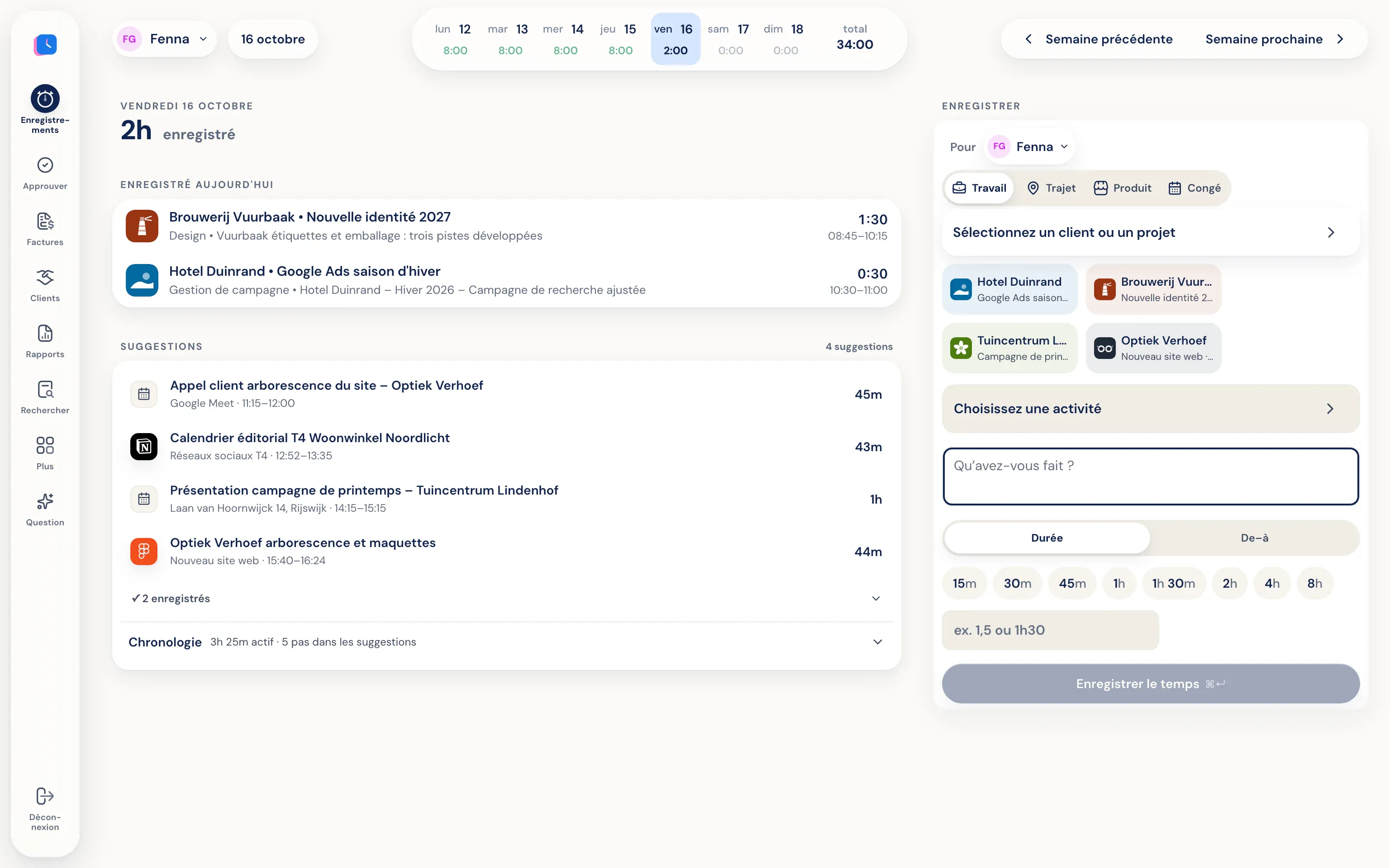 Des suggestions issues de Figma, Google Ads, Notion et de l'agenda sous les heures saisies aujourd'hui