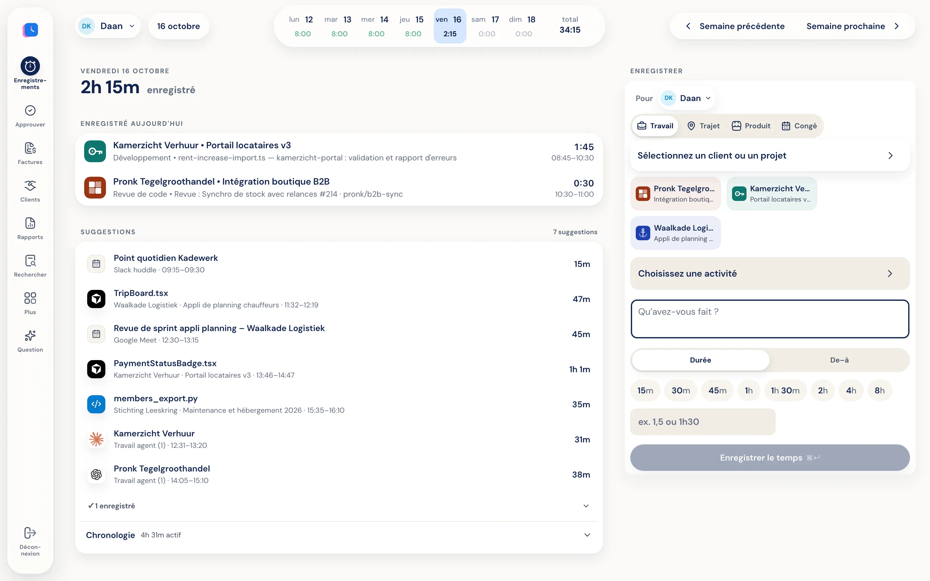 Des suggestions issues de Cursor, GitHub, Linear et de deux sessions d'agent IA sous les heures saisies aujourd'hui
