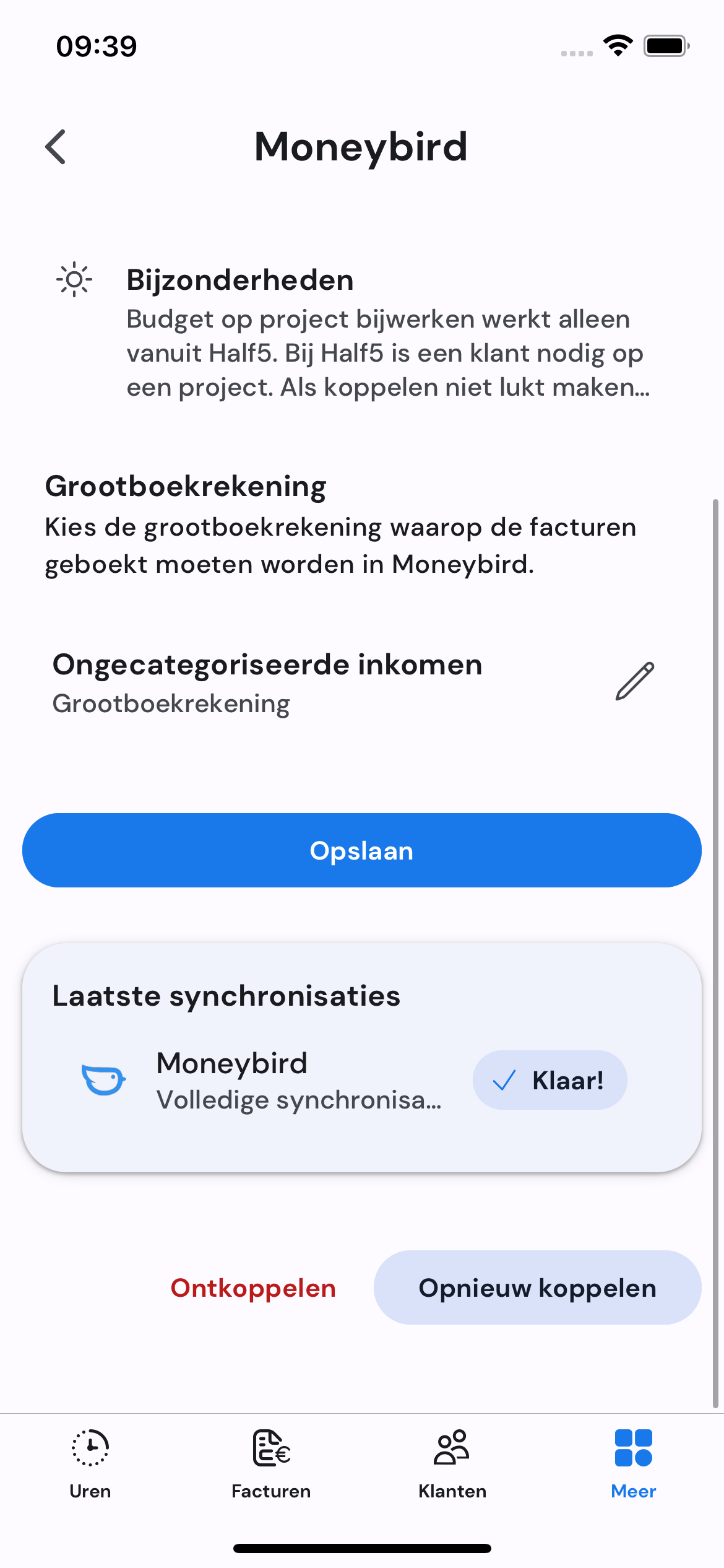 Detailscherm van boekhoudkoppeling-synchronisatie op mobiel