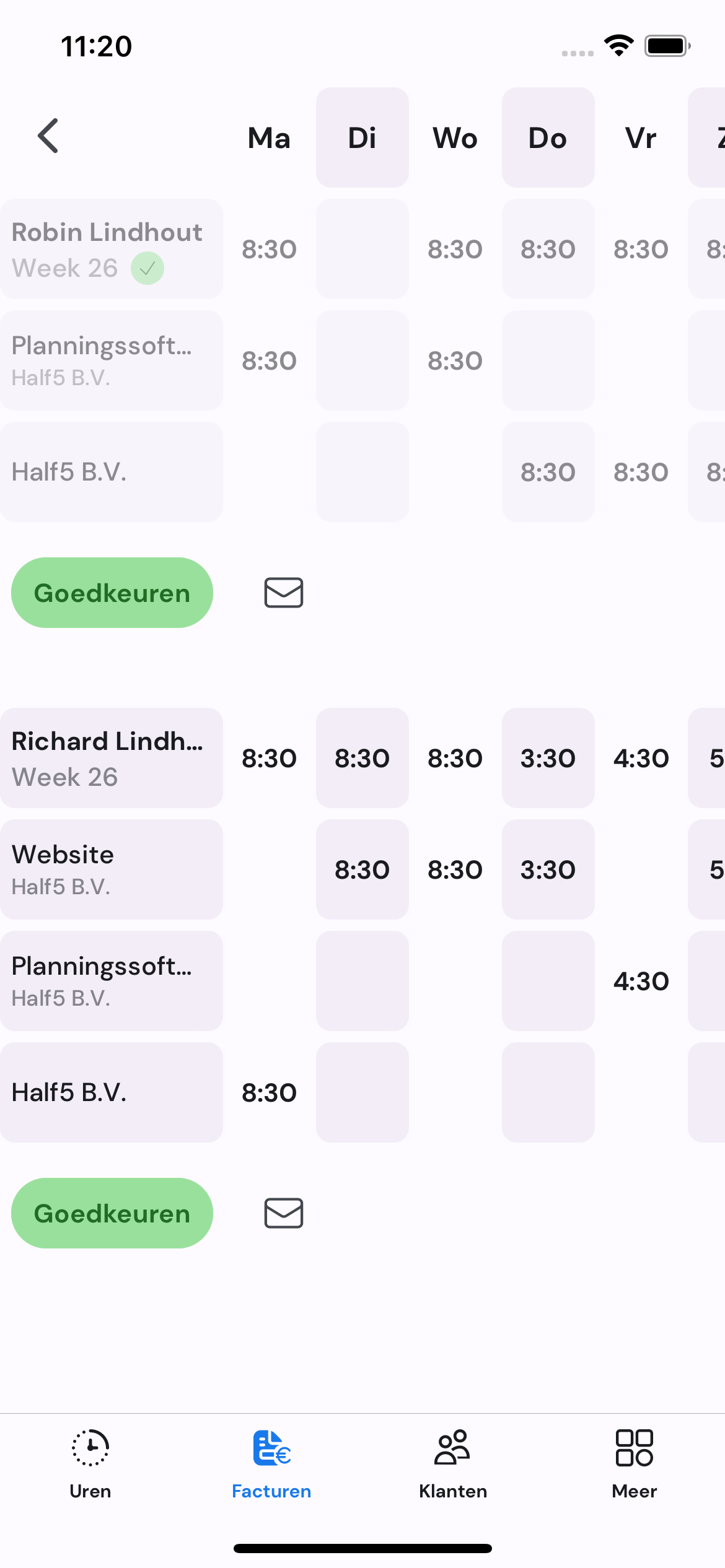 Half5 goedgekeurde uren op mobiel