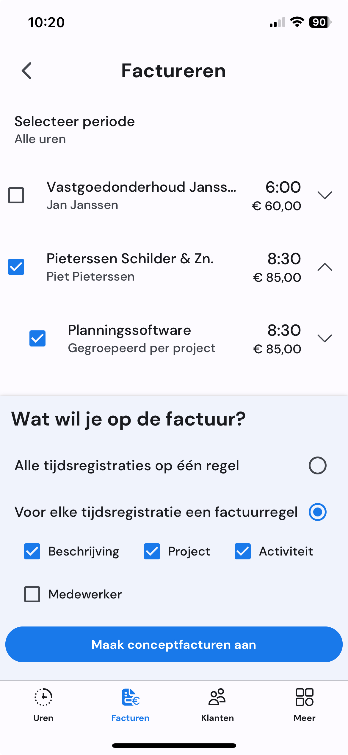 Factuuroverzicht op mobiel