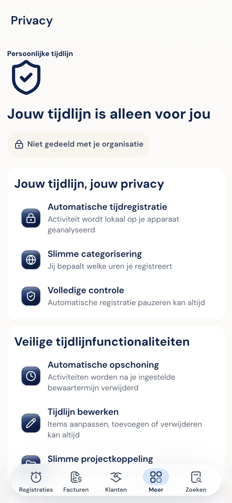 Privacyscherm in de Half5-app: jouw tijdlijn is alleen voor jou, niet gedeeld met je organisatie